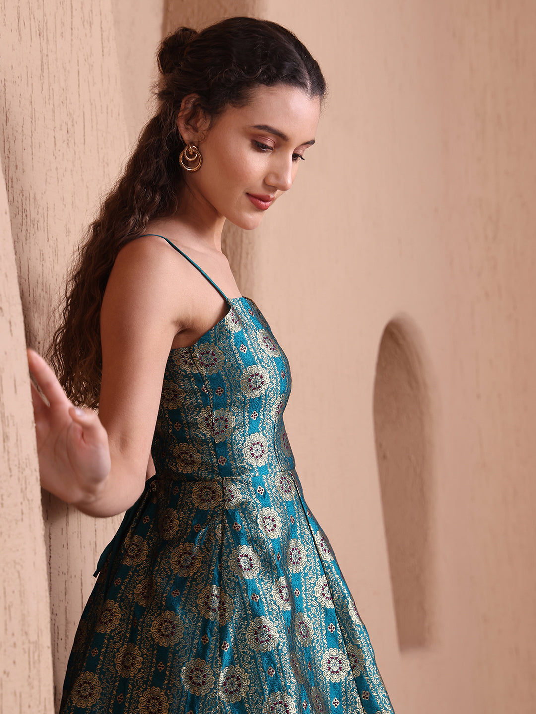 Rama Green Banarasi Brocade Fit and Flare Midi Dress