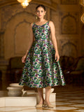 Green Jacquard Floral Fit & Flare Midi Dress with Zari Weave