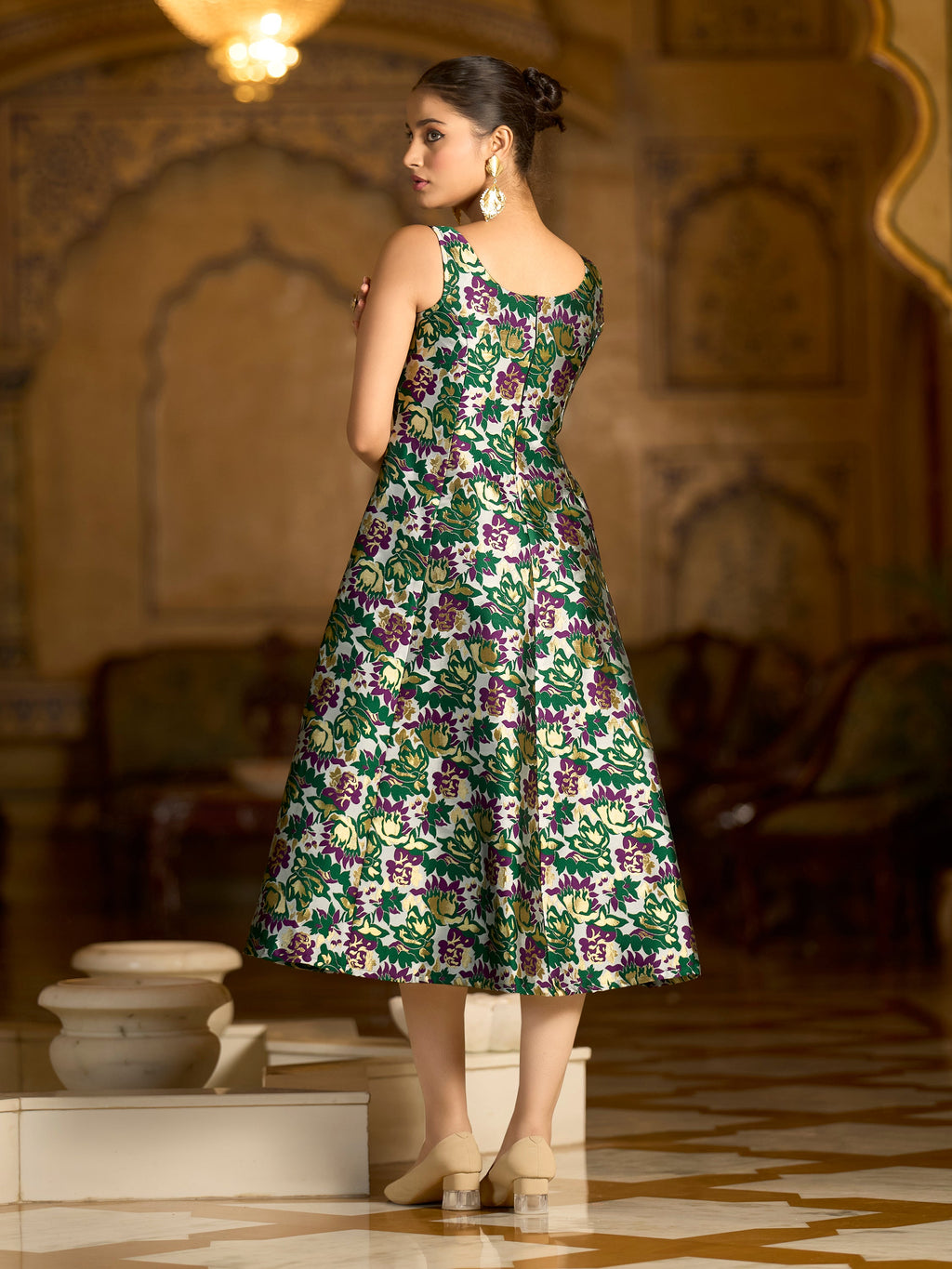 Green Jacquard Floral Fit & Flare Midi Dress with Zari Weave