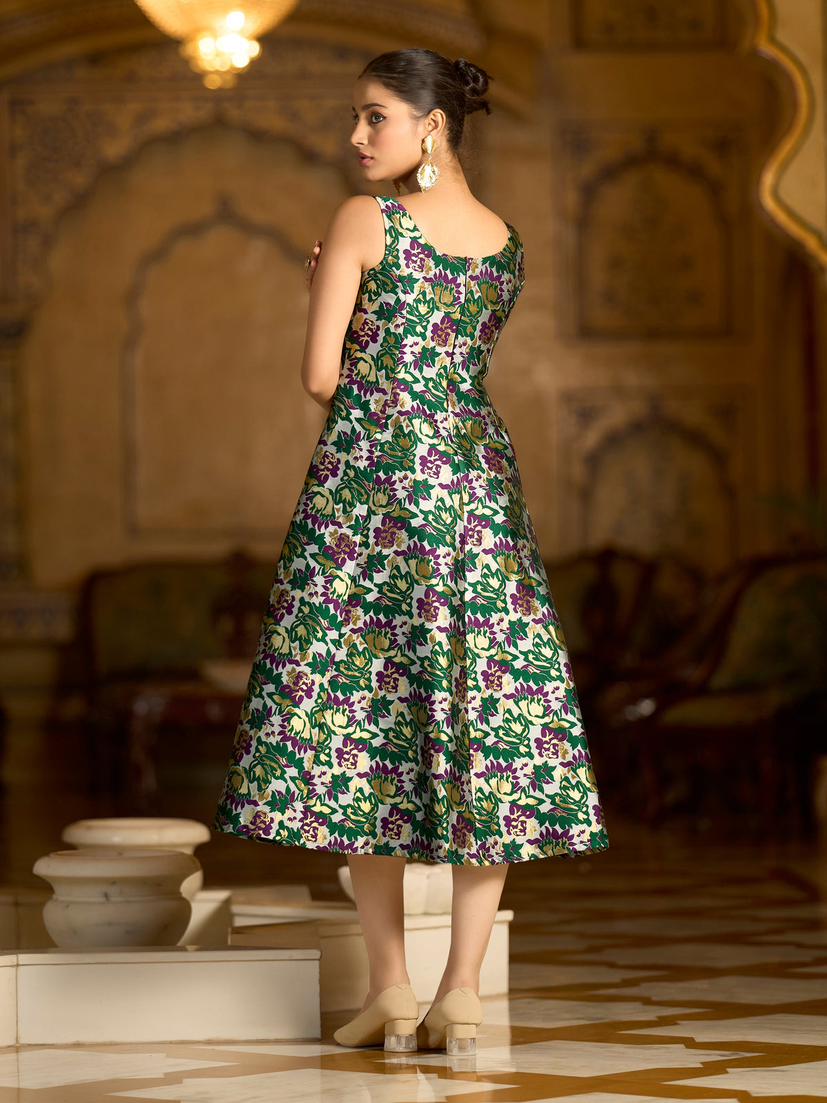 Green Jacquard Floral Fit & Flare Midi Dress with Zari Weave