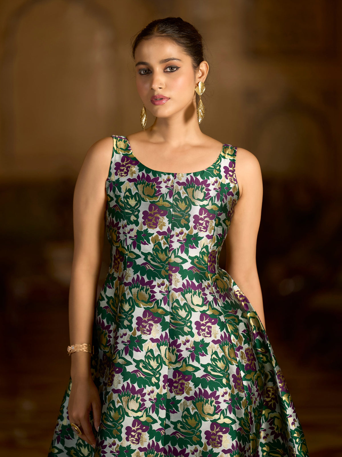 Green Jacquard Floral Fit & Flare Midi Dress with Zari Weave