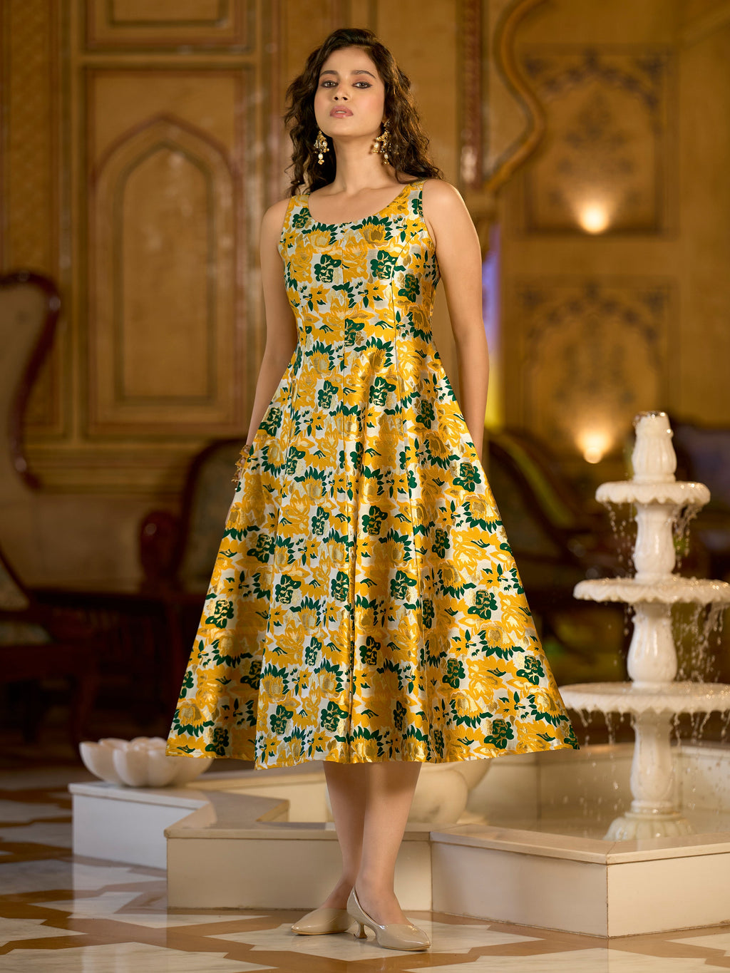Yellow Jacquard Woven Floral Fit & Flare Midi Dress