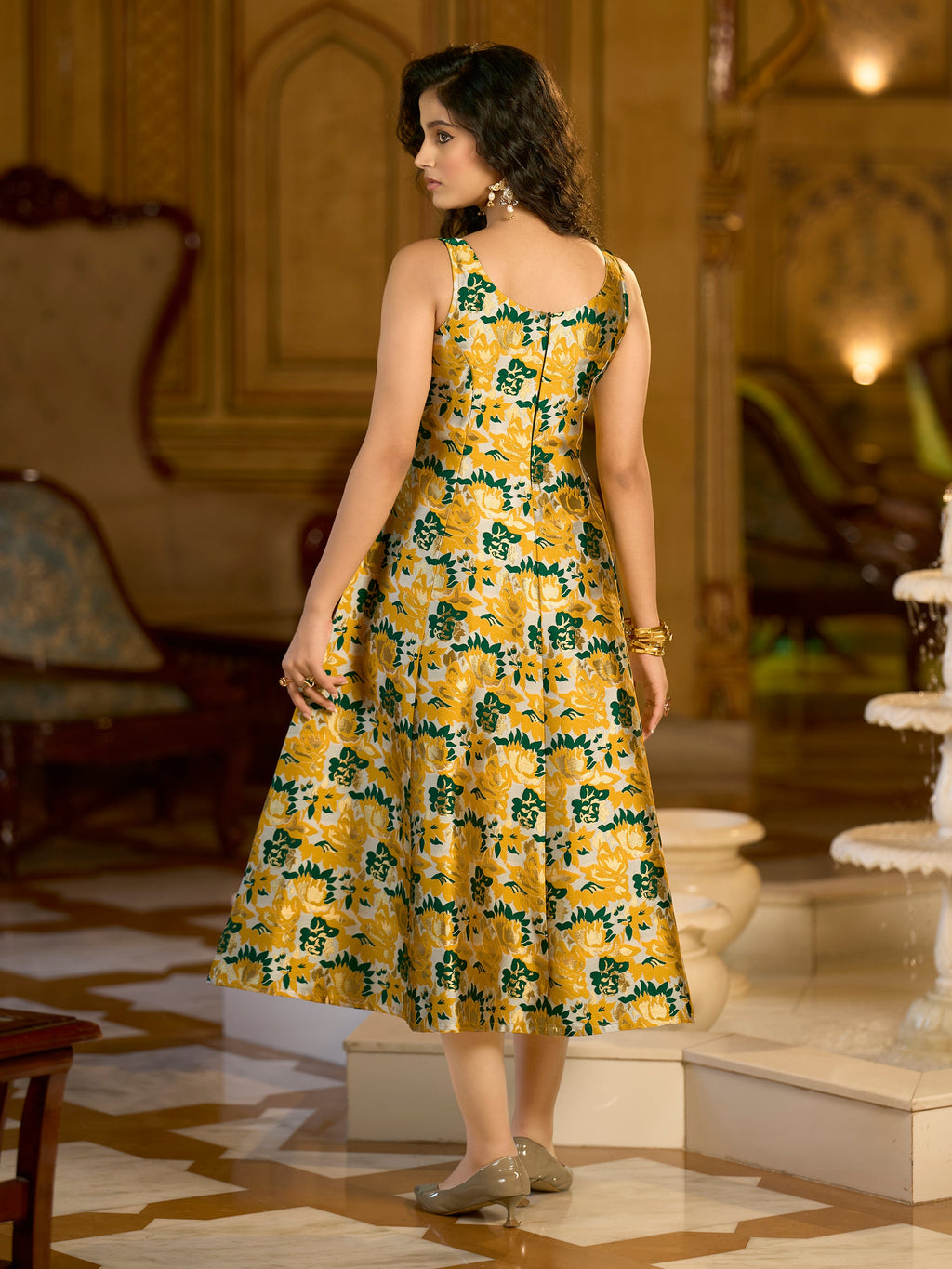 Yellow Jacquard Woven Floral Fit & Flare Midi Dress