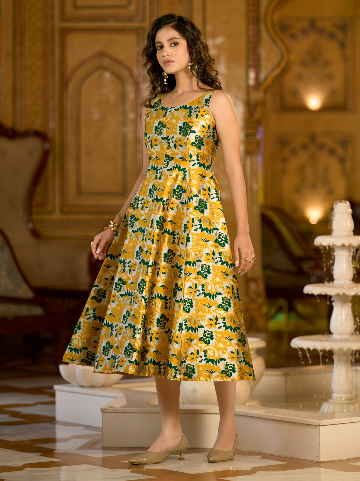 Yellow jacquard woven floral fit and flare midi dress with zari details