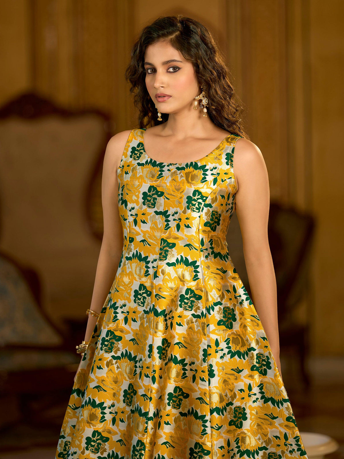 Yellow Jacquard Woven Floral Fit & Flare Midi Dress