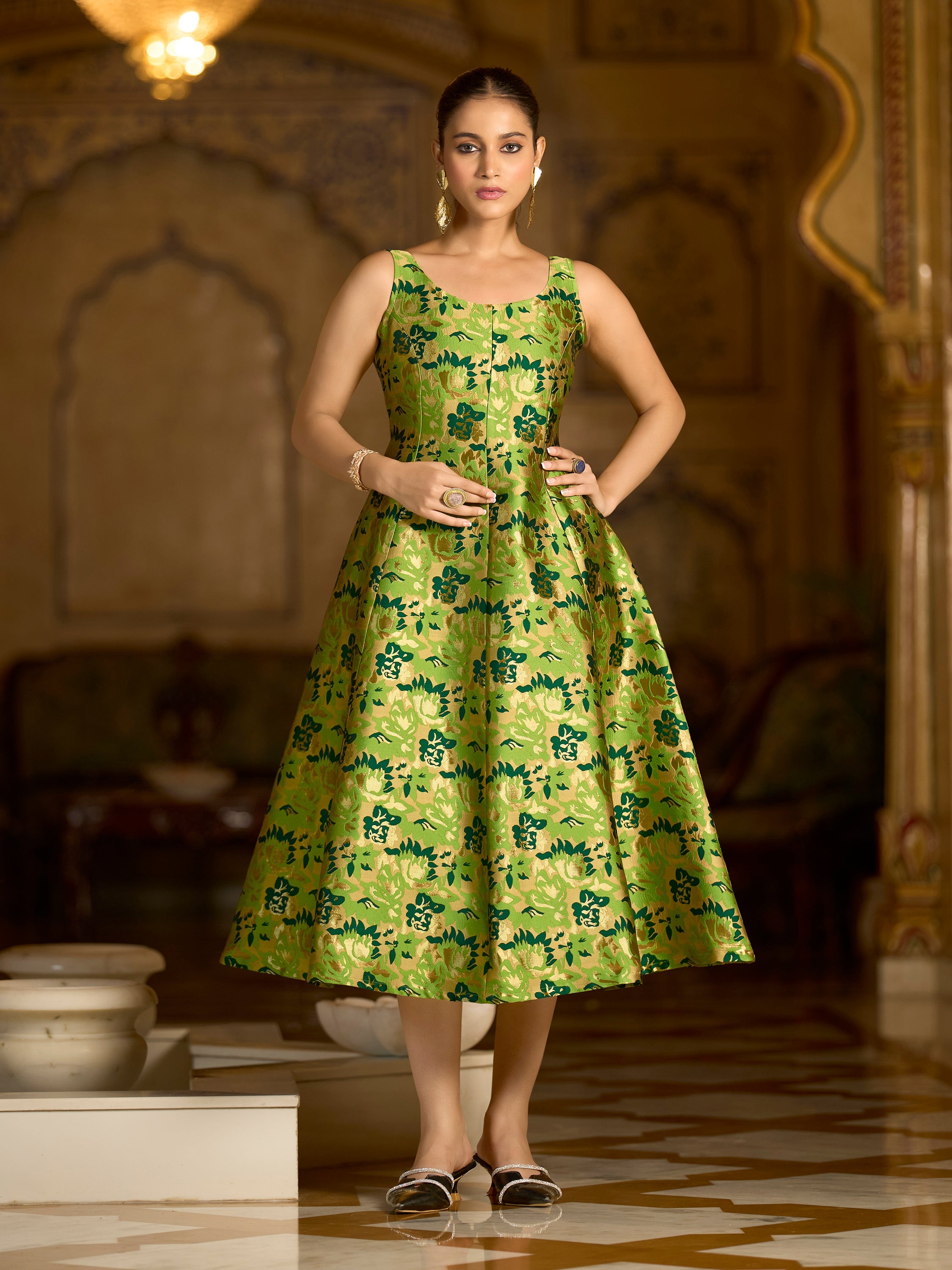 Parrot green jacquard woven floral midi dress with round neck and flared hem