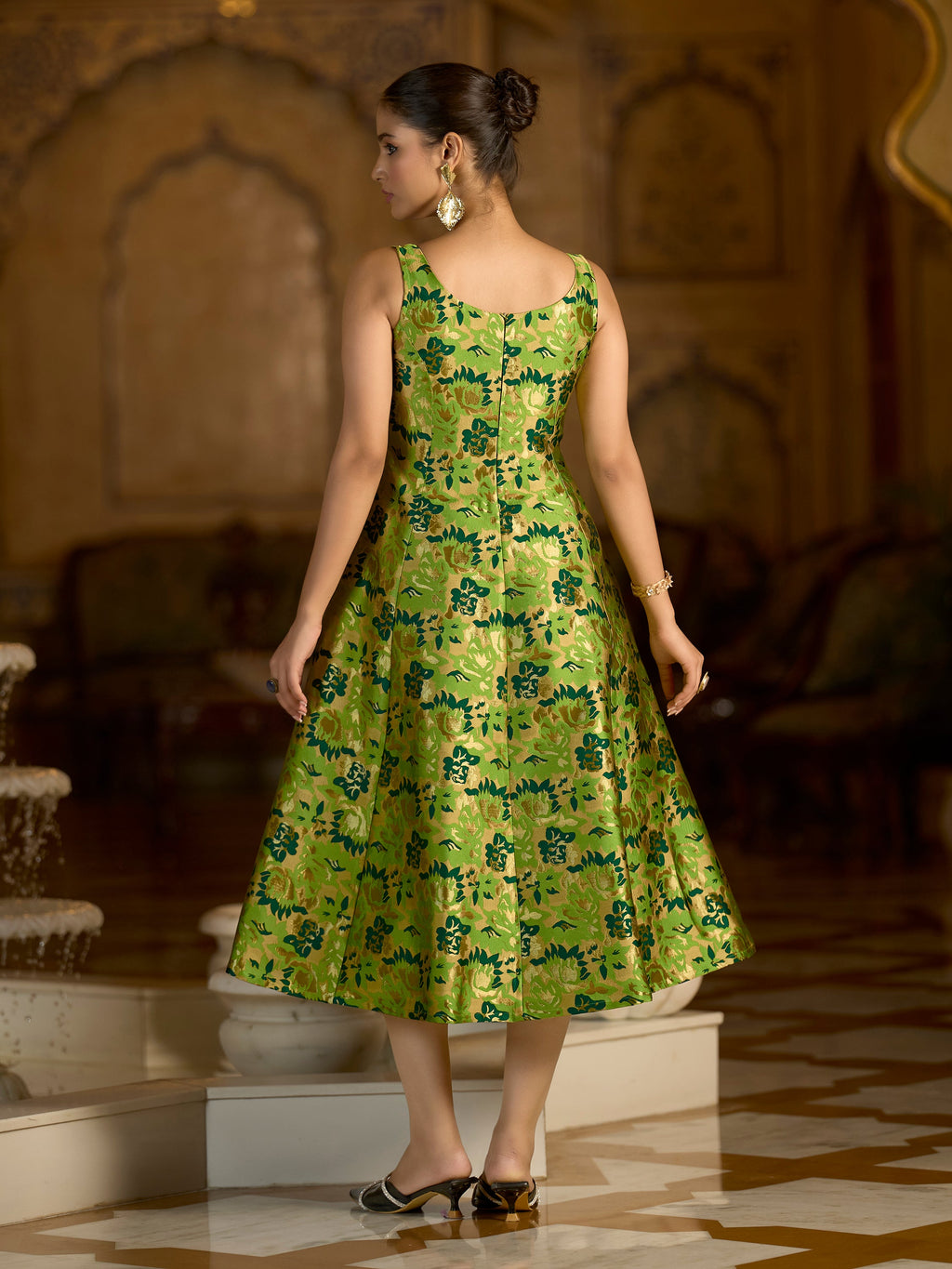 Parrot Green Jacquard Woven Floral Fit & Flare Midi Dress