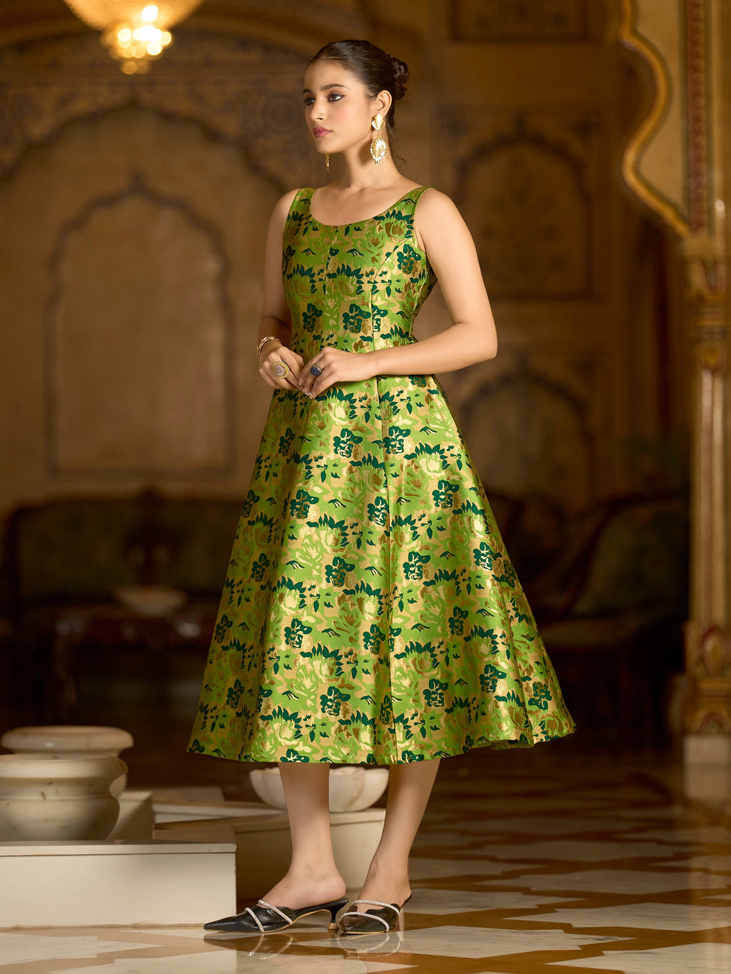 Parrot Green Jacquard Woven Floral Fit & Flare Midi Dress