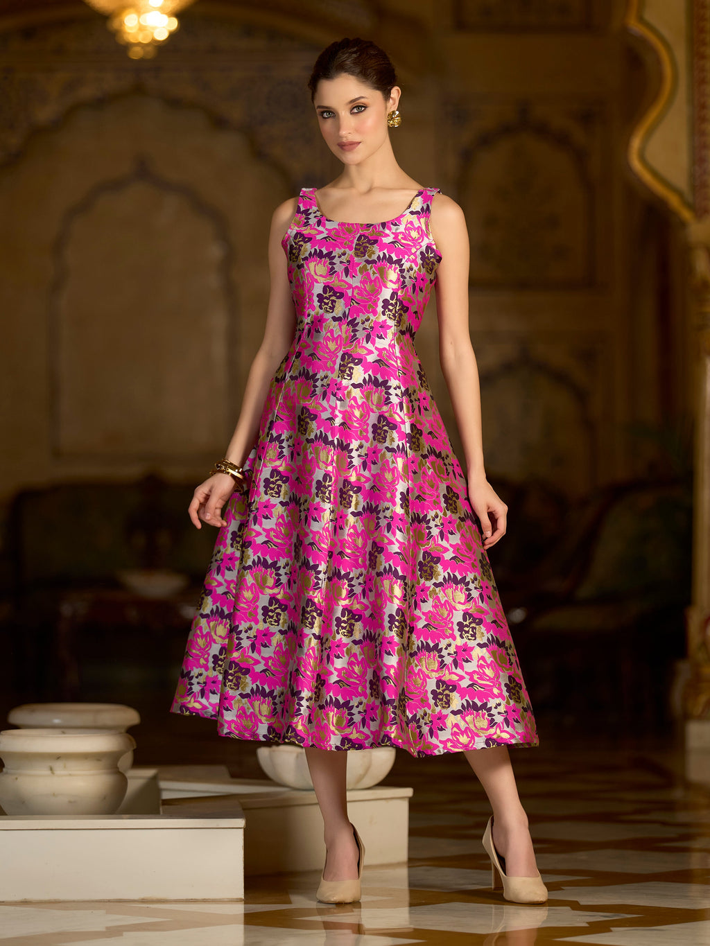 Pink jacquard floral fit and flare midi dress with intricate zari weaving