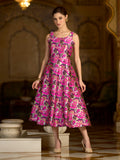 Pink jacquard floral fit and flare midi dress with intricate zari weaving