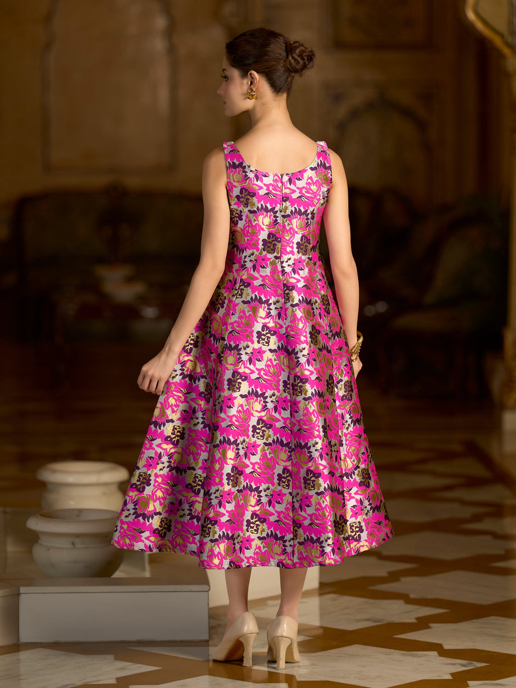 Pink Jacquard Floral Fit and Flare Midi Dress with Zari Weave