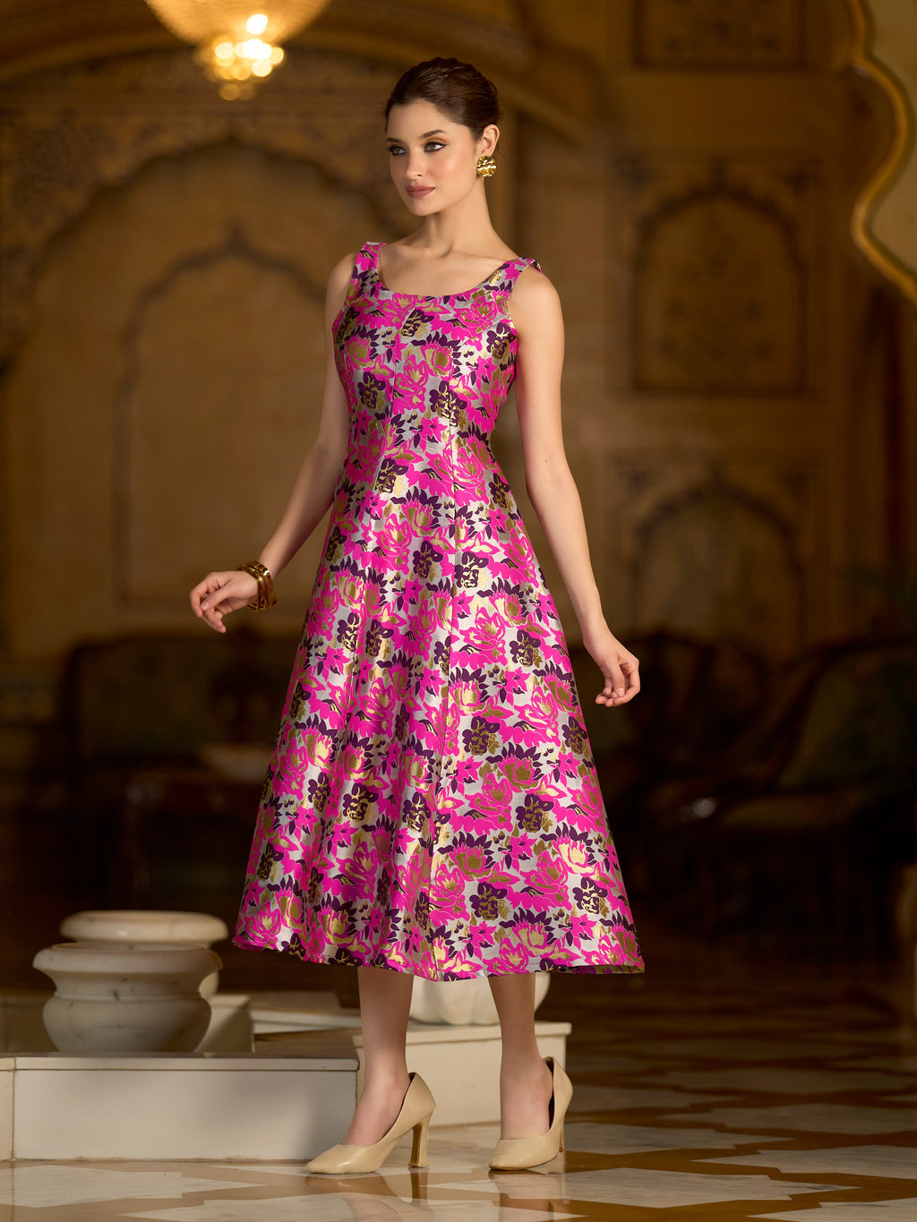 Pink Jacquard Floral Fit and Flare Midi Dress with Zari Weave