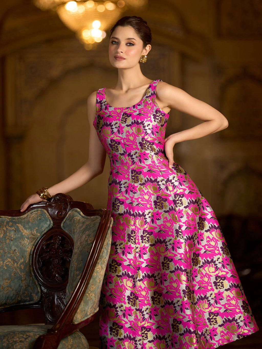 Pink Jacquard Floral Fit and Flare Midi Dress with Zari Weave