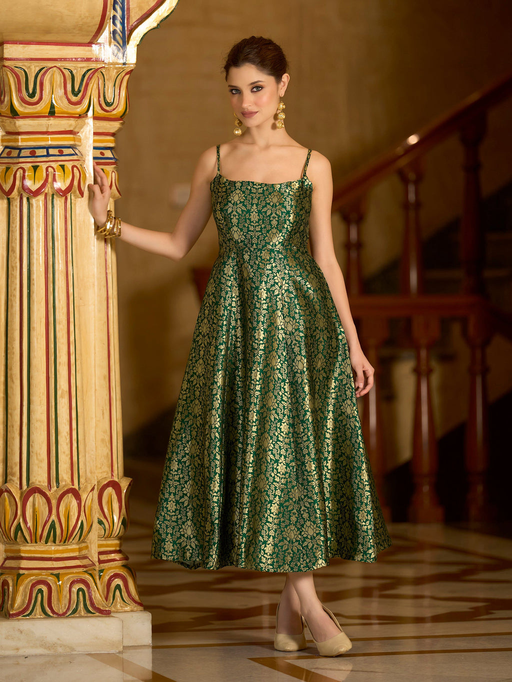 Green Jacquard Zari Weaving A-Line Dress with Square Neckline