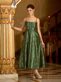 Green Jacquard Zari Weaving A-Line Dress with Square Neckline