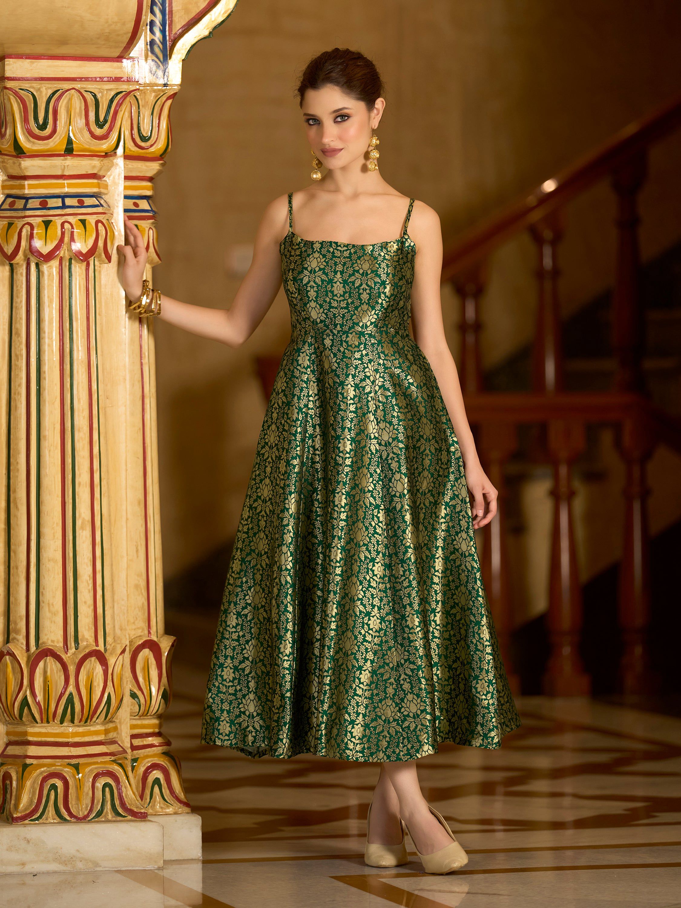 Green Jacquard Zari Weaving A-Line Dress with Square Neckline