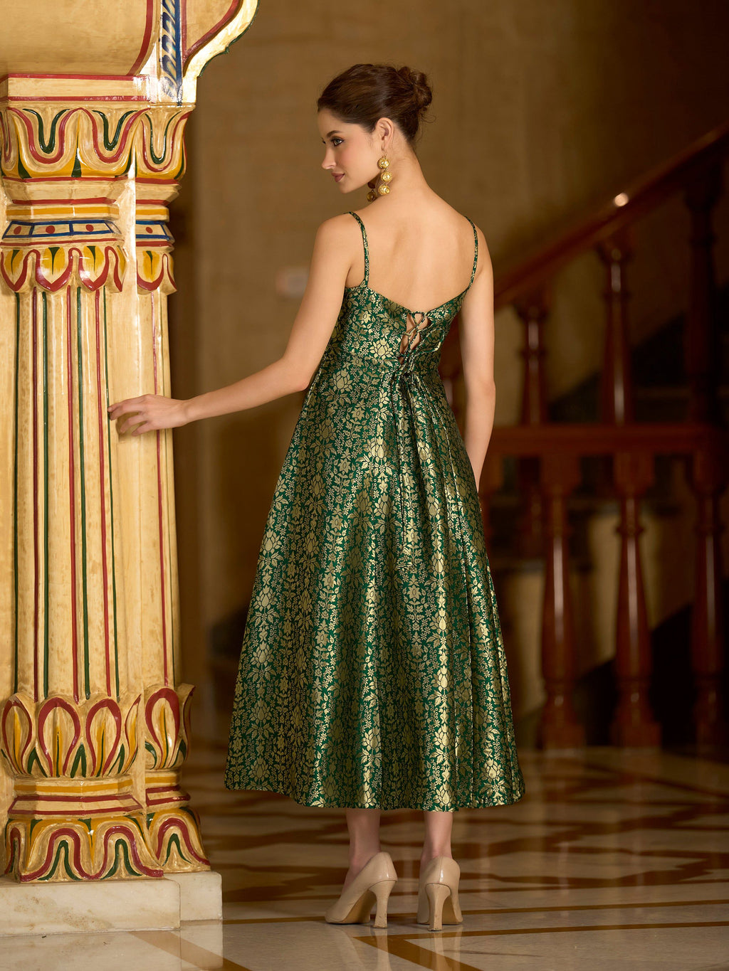 Green Jacquard Zari Weaving A-Line Dress with Square Neckline