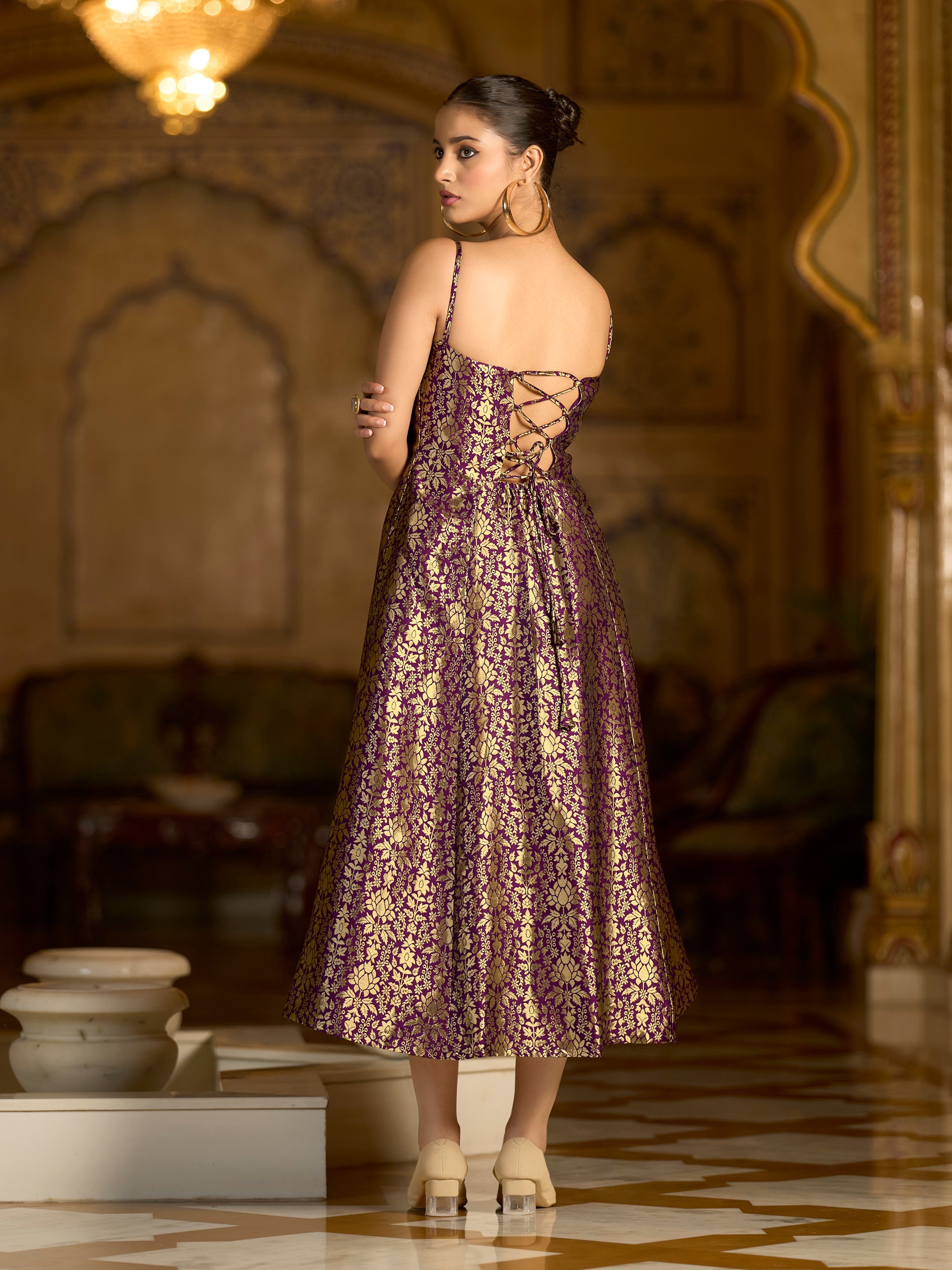 Wine Jacquard Zari Woven A-Line Dress