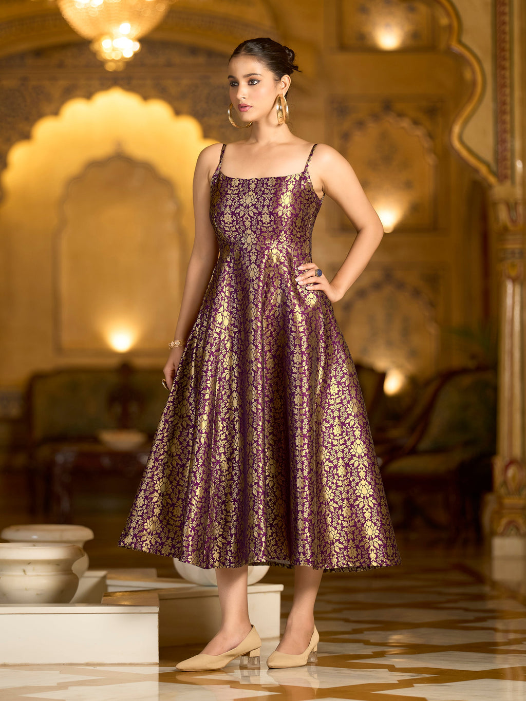 Wine Jacquard Zari Woven A-Line Dress