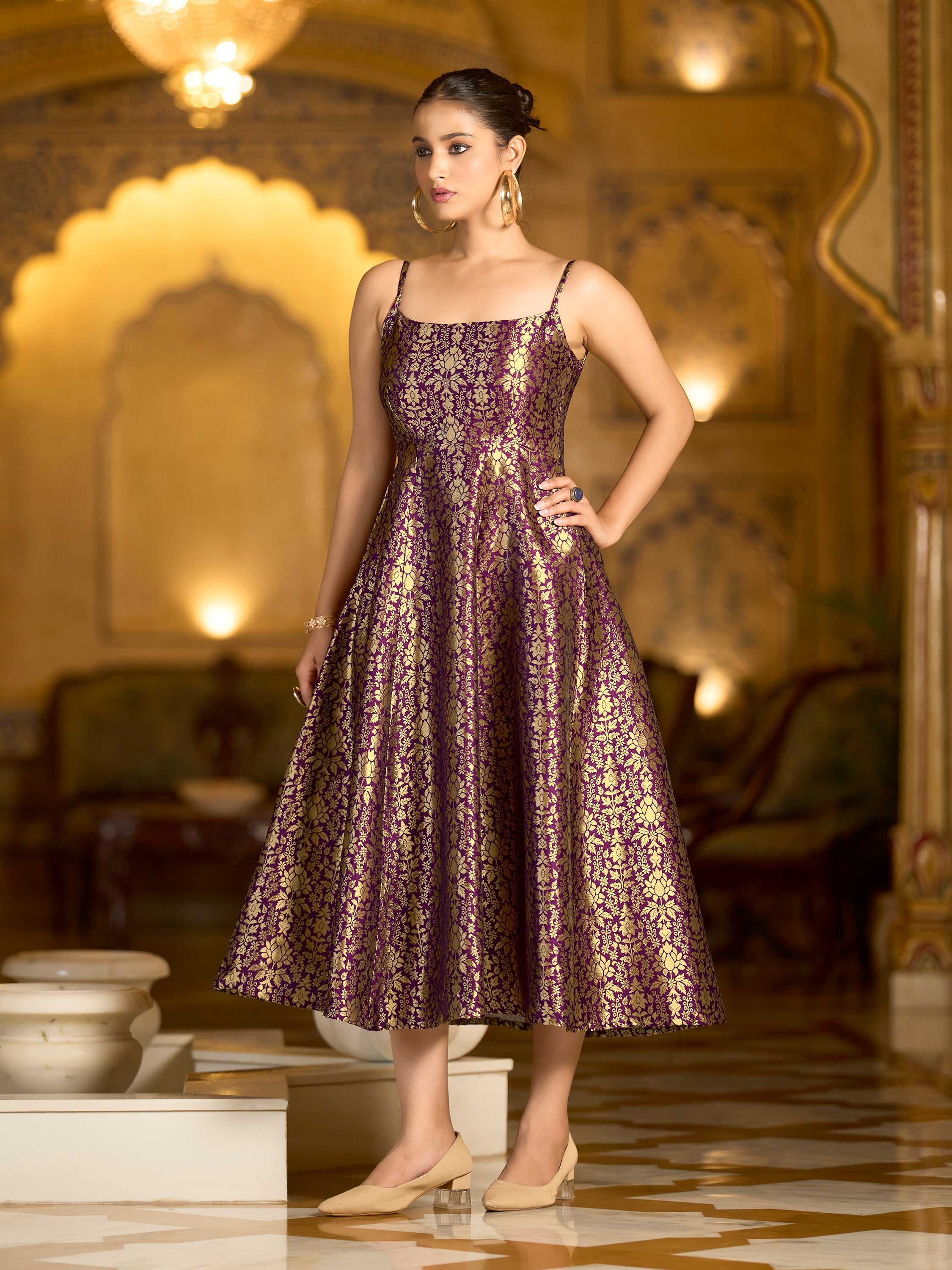 Wine Jacquard Zari Woven A-Line Dress