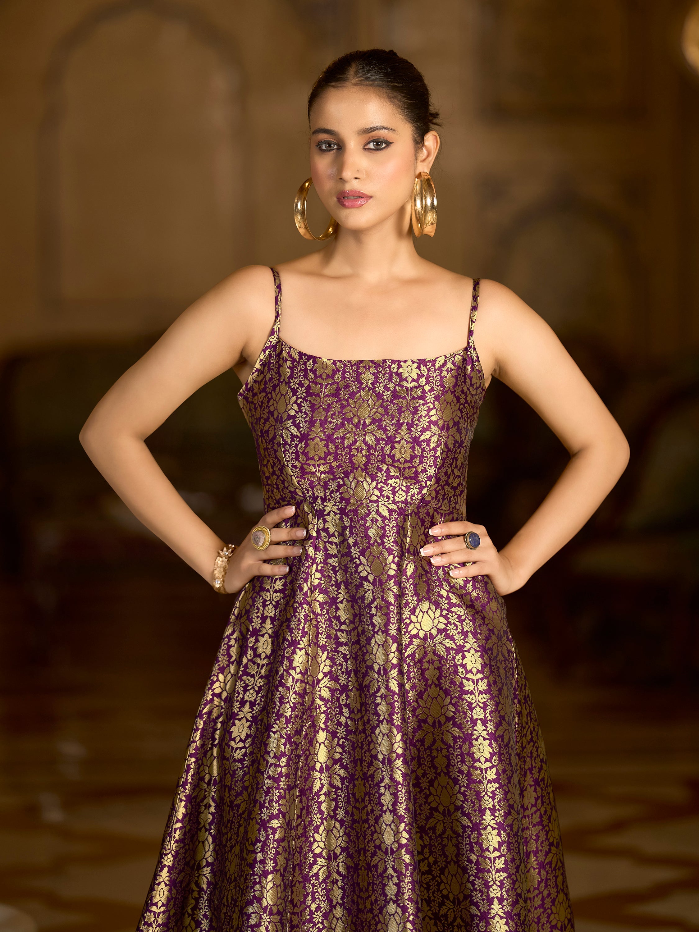 Wine Jacquard Zari Woven A-Line Dress