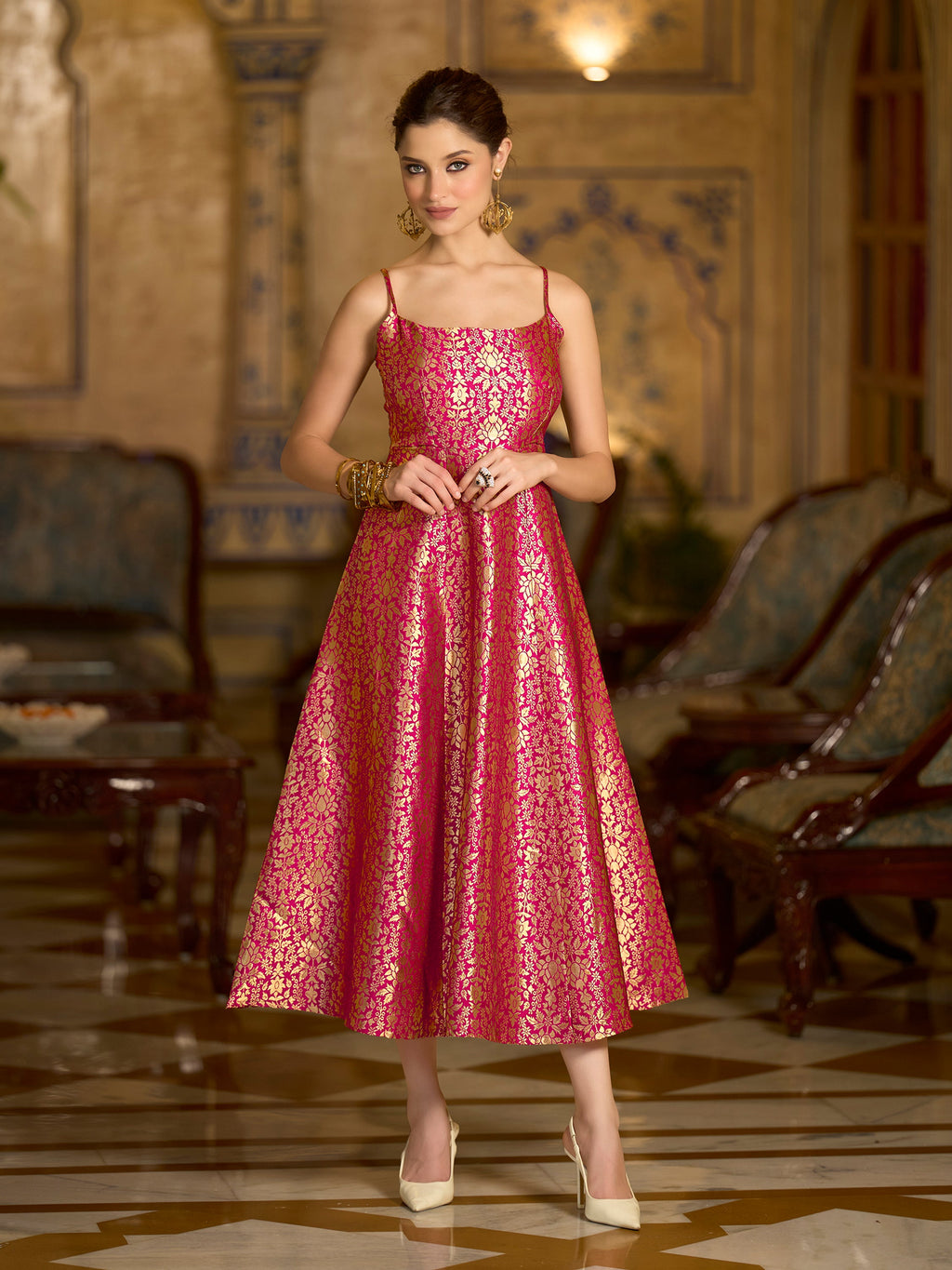 Monjolika Fashion pink A-line dress with zari jacquard weaving, square neckline, and flared hemline.