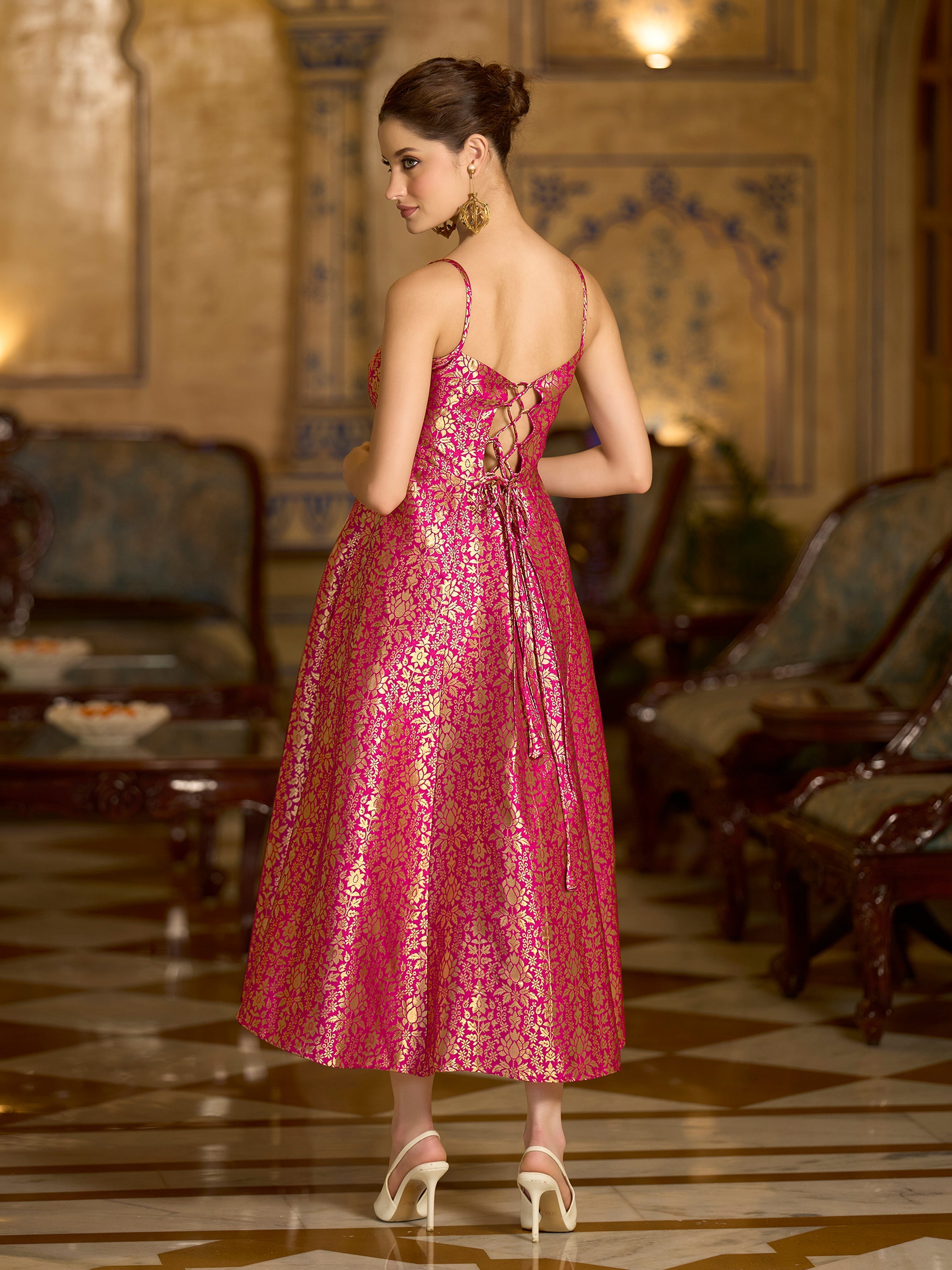 Pink Jacquard Zari Weaving A-Line Dress with Square Neckline