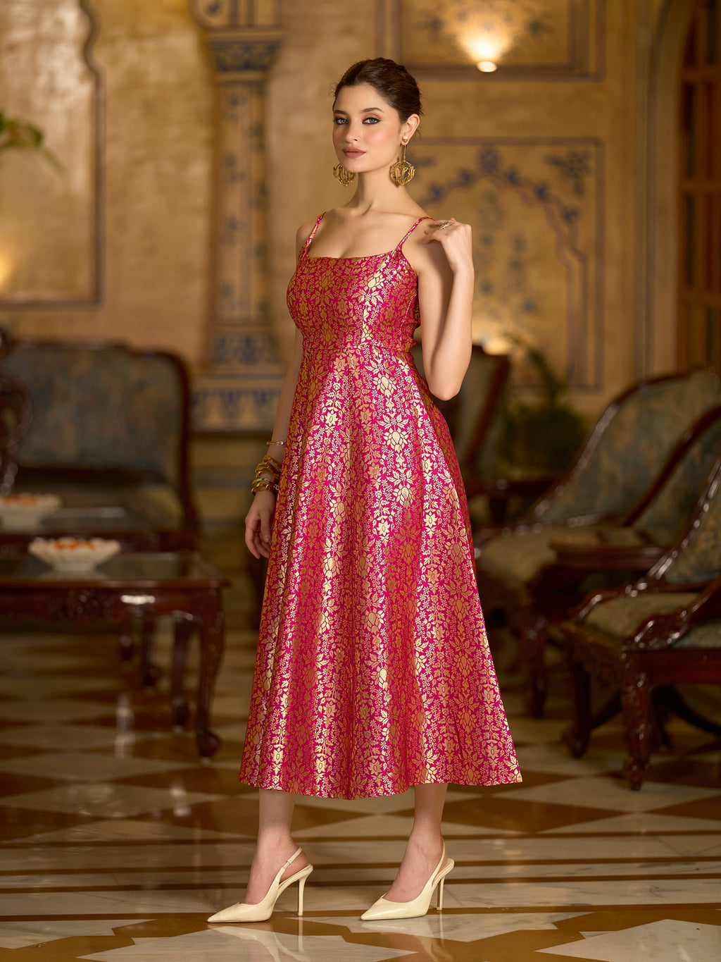 Pink Jacquard Zari Weaving A-Line Dress with Square Neckline