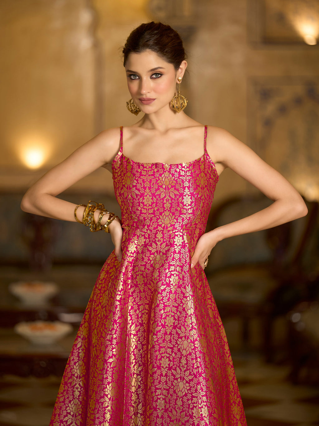 Pink Jacquard Zari Weaving A-Line Dress with Square Neckline