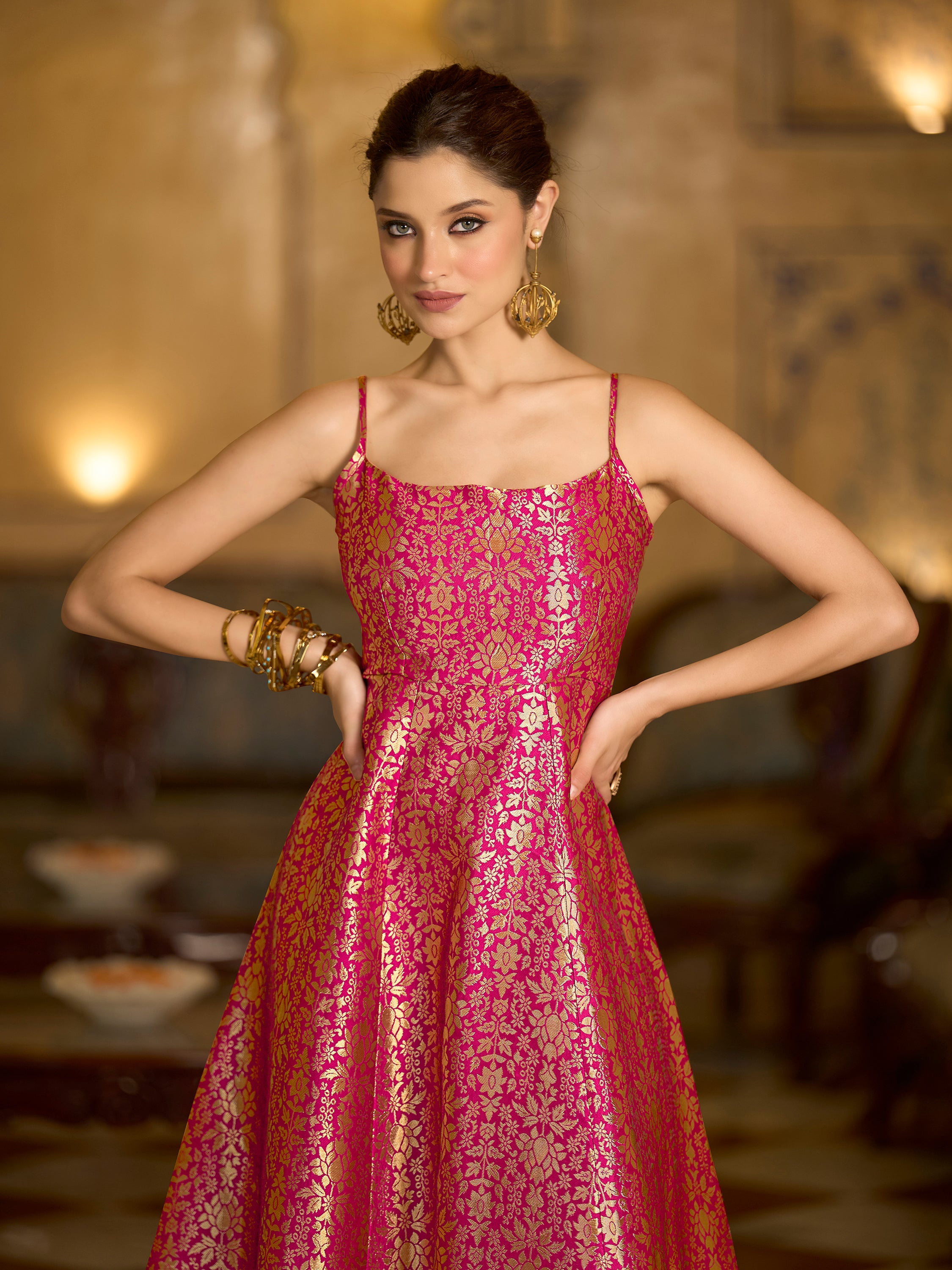 Pink Jacquard Zari Weaving A-Line Dress with Square Neckline