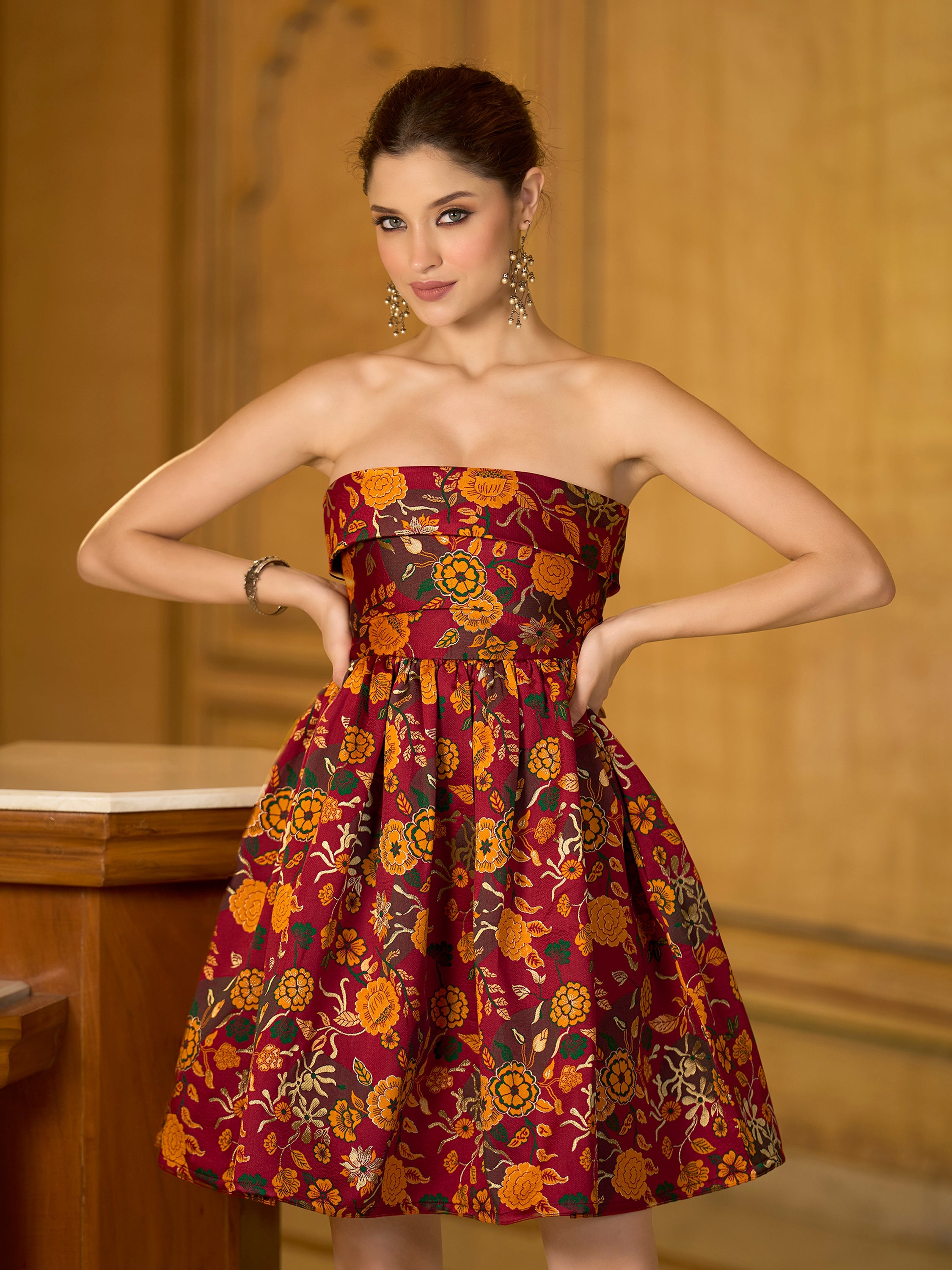 Maroon Floral Jacquard Strapless Mini Dress with Zari Accents