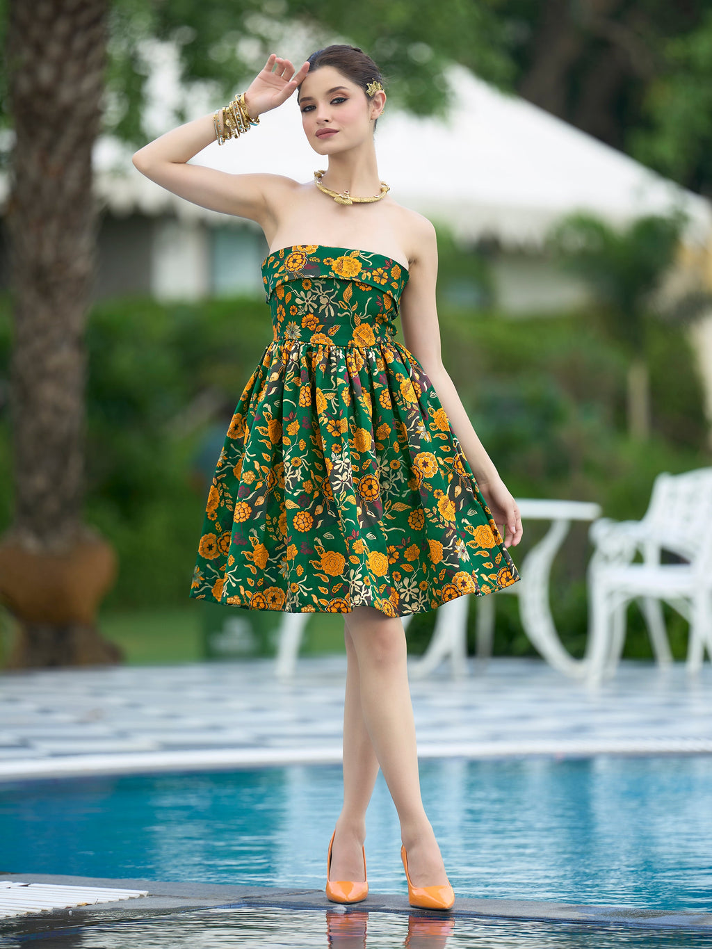 Green floral zari jacquard strapless mini dress with bandeau silhouette