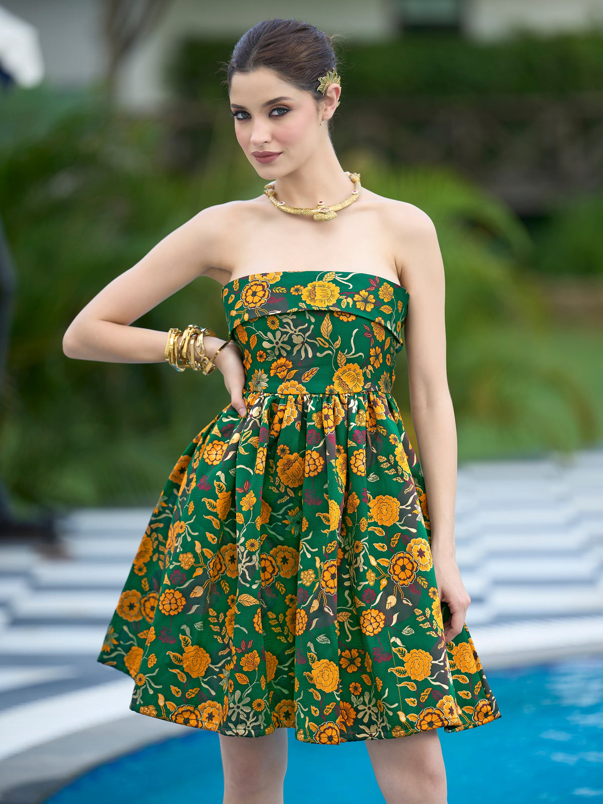 Green Floral Zari Jacquard Strapless Mini Dress