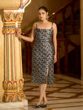 Black floral jacquard bodycon midi dress with zari weaving and side slit