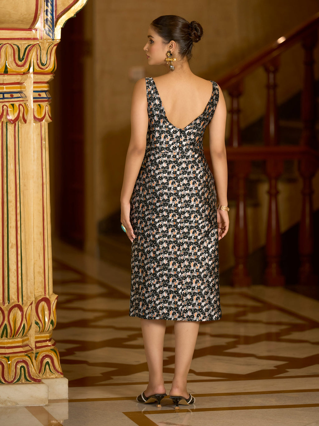 Black Floral Zari Jacquard Bodycon Midi Dress with Slit