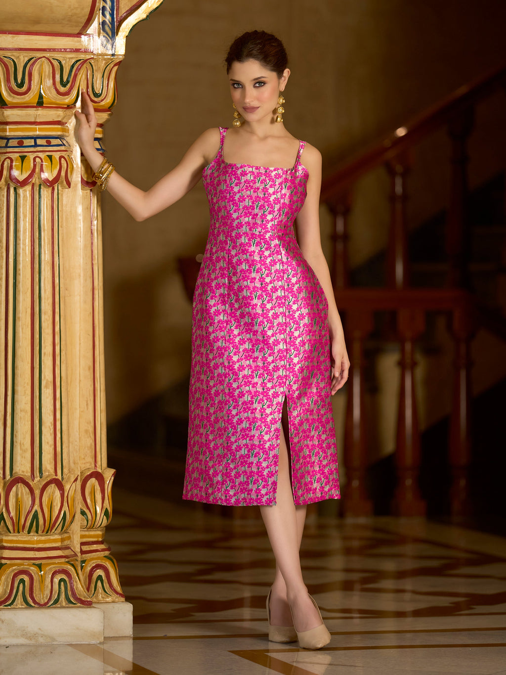 Pink Floral Jacquard Bodycon Midi Dress with Front Slit