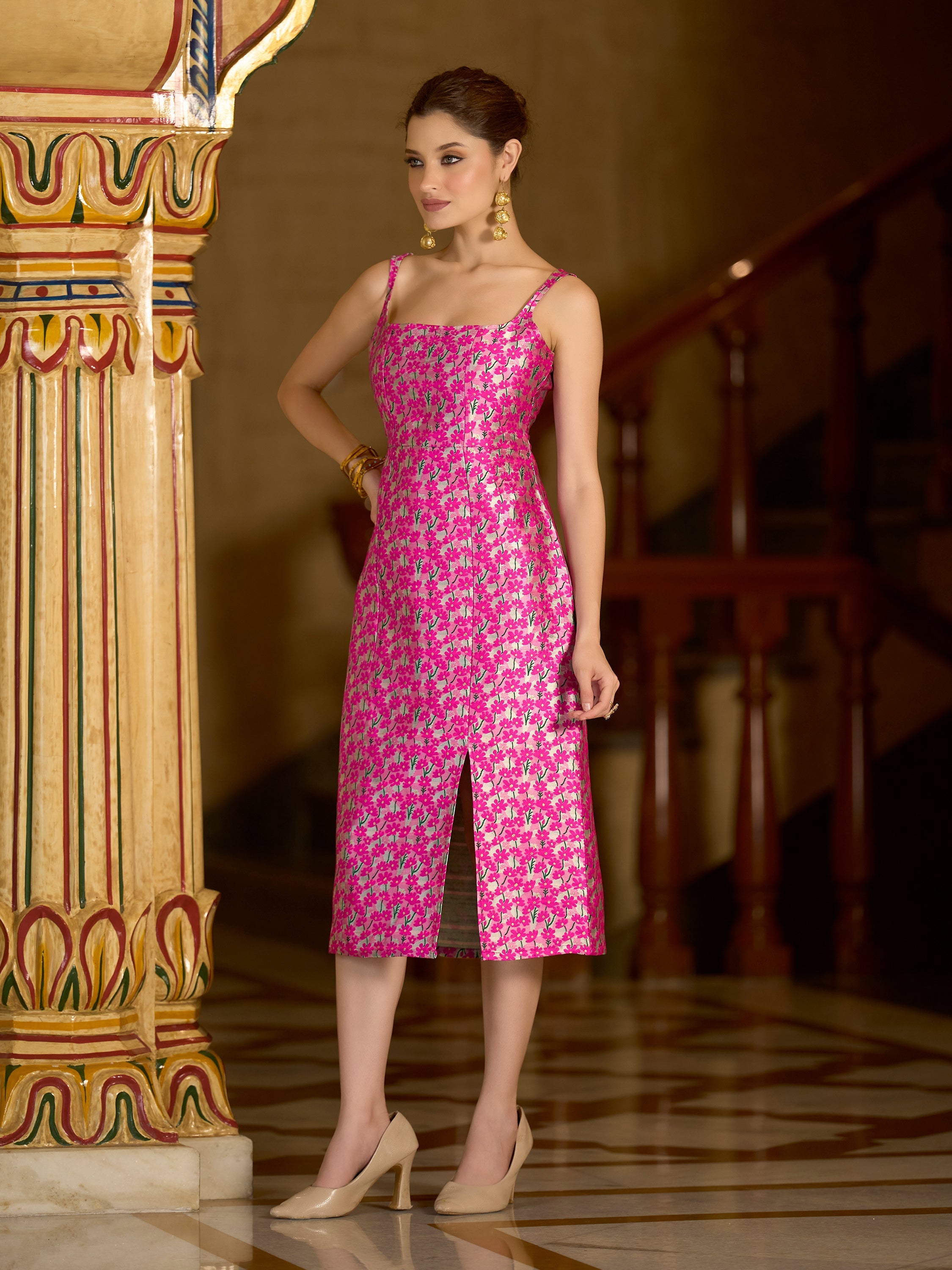 A stylish pink floral jacquard bodycon midi dress featuring a square neckline, thin straps, and a front slit.