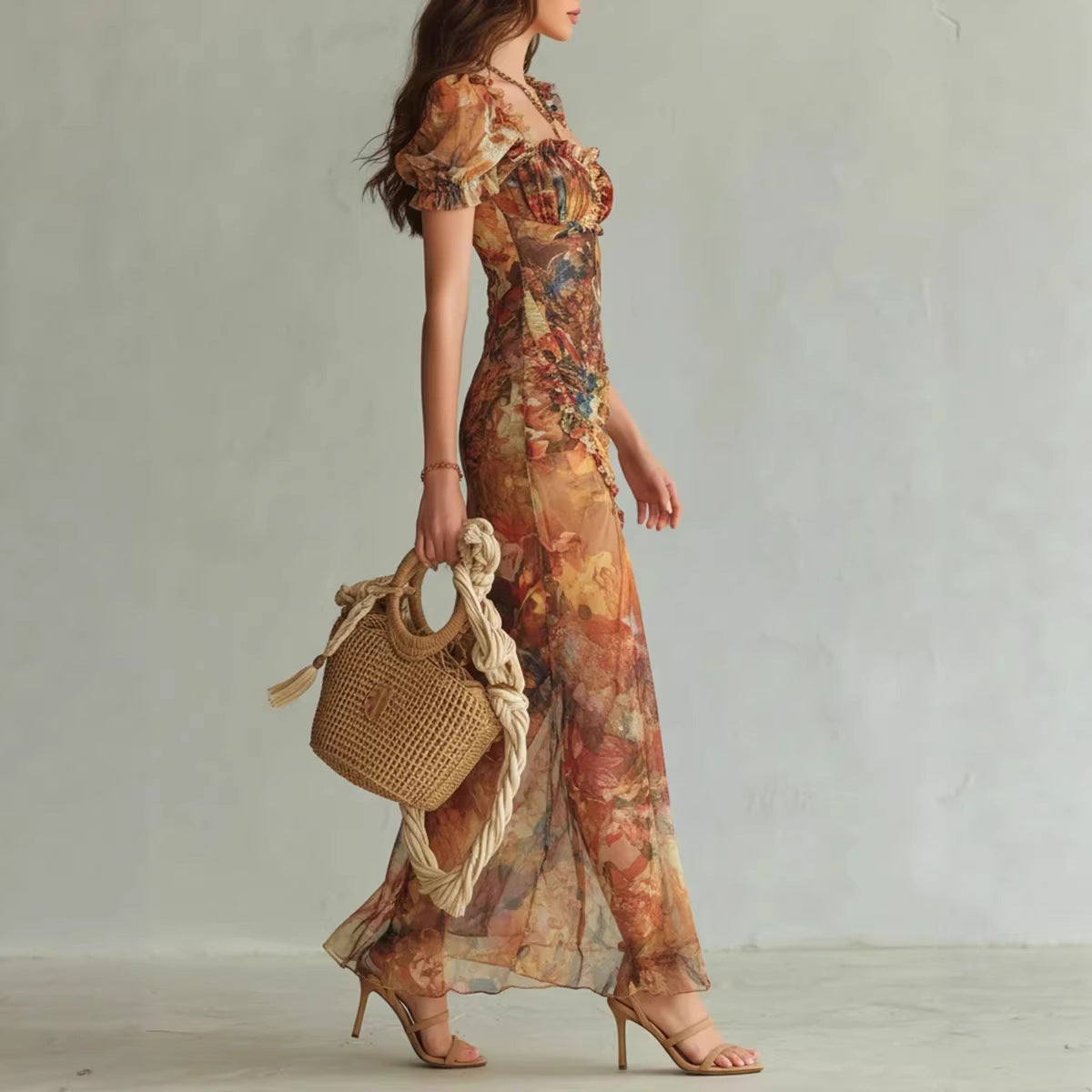 Orange V-Neck Ruffle Hem Maxi Dress