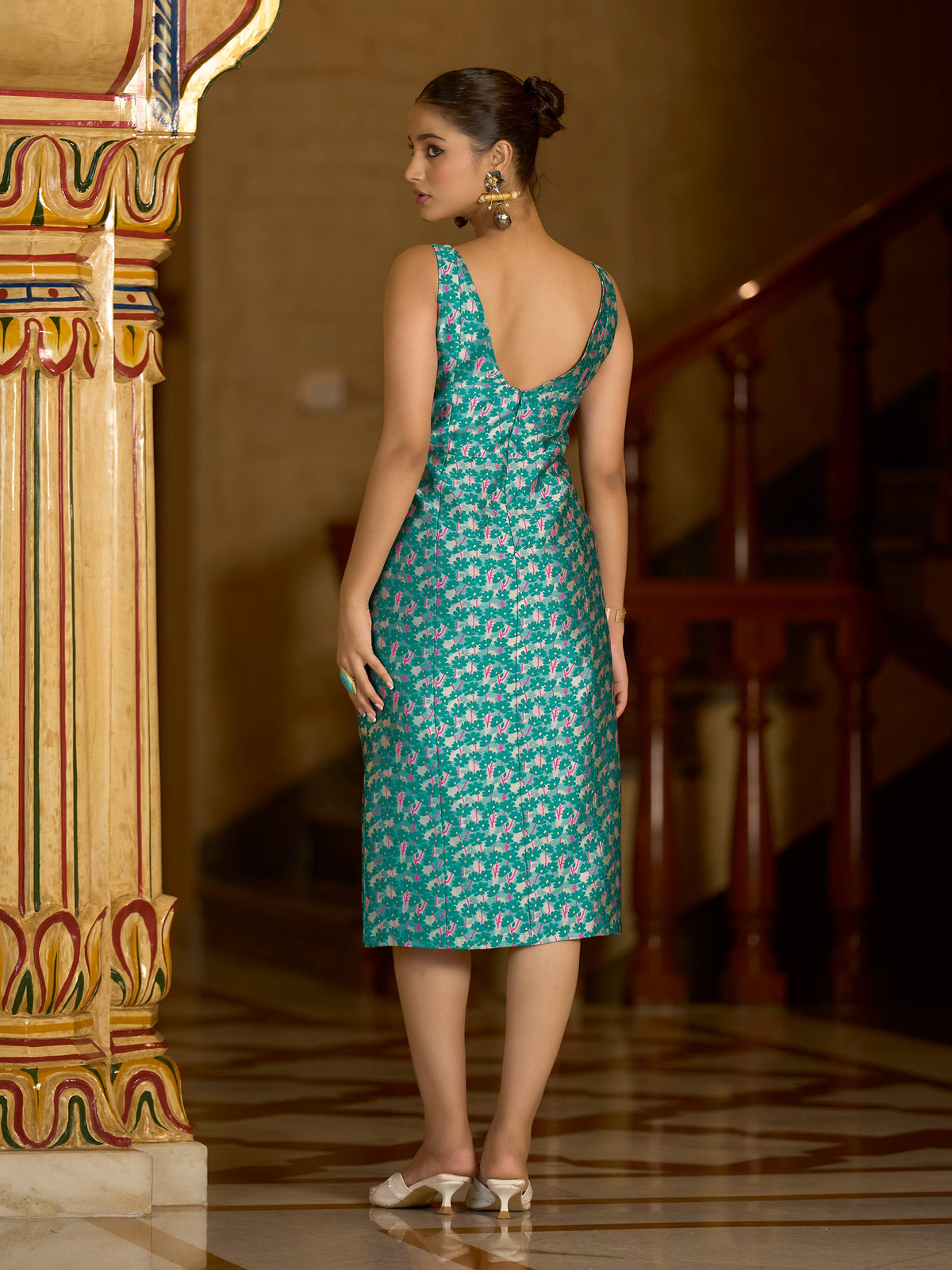Teal Floral Zari Jacquard Bodycon Midi Dress with Side Slit