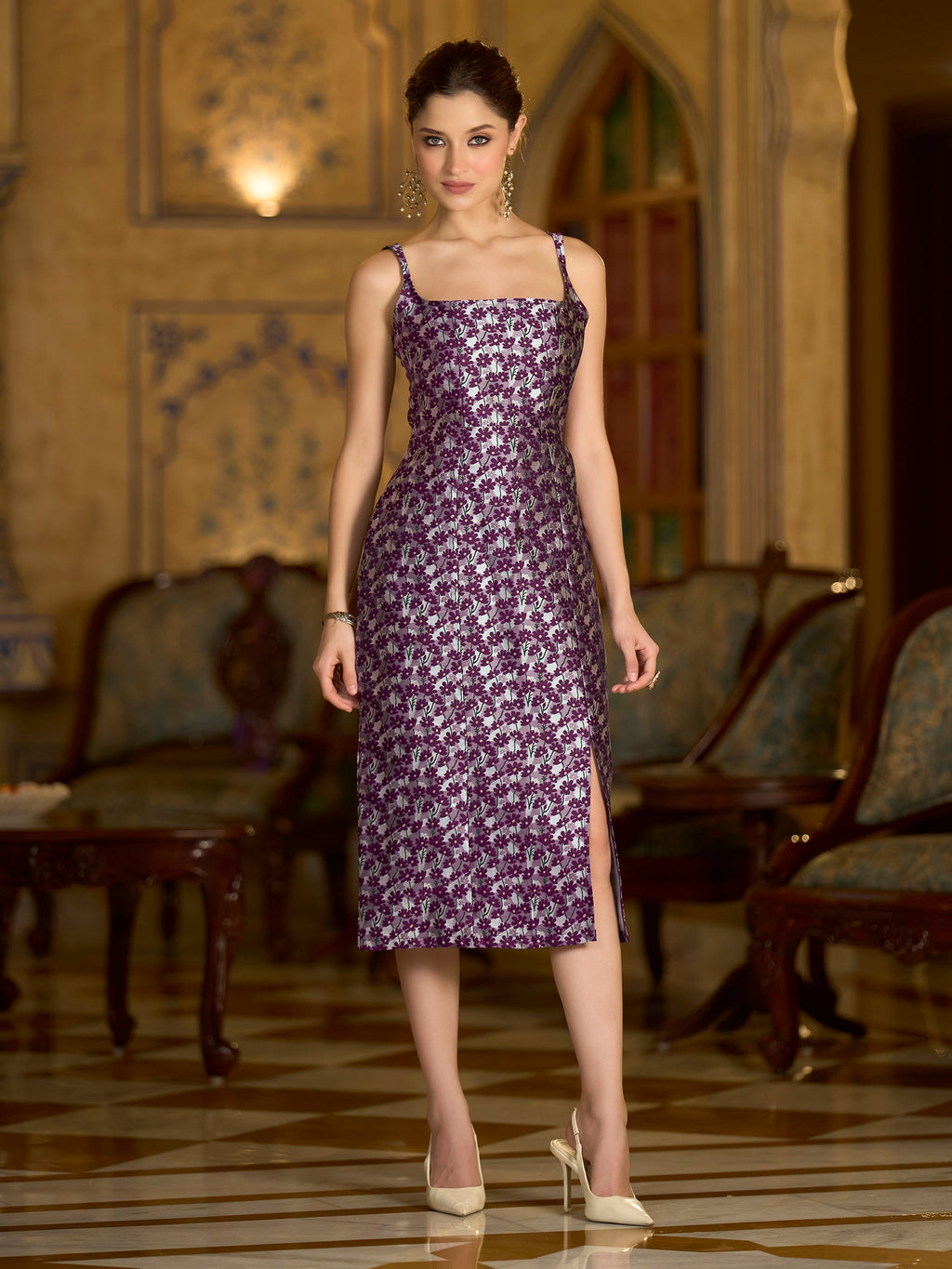 Wine floral jacquard midi dress with square neck and side slit detail