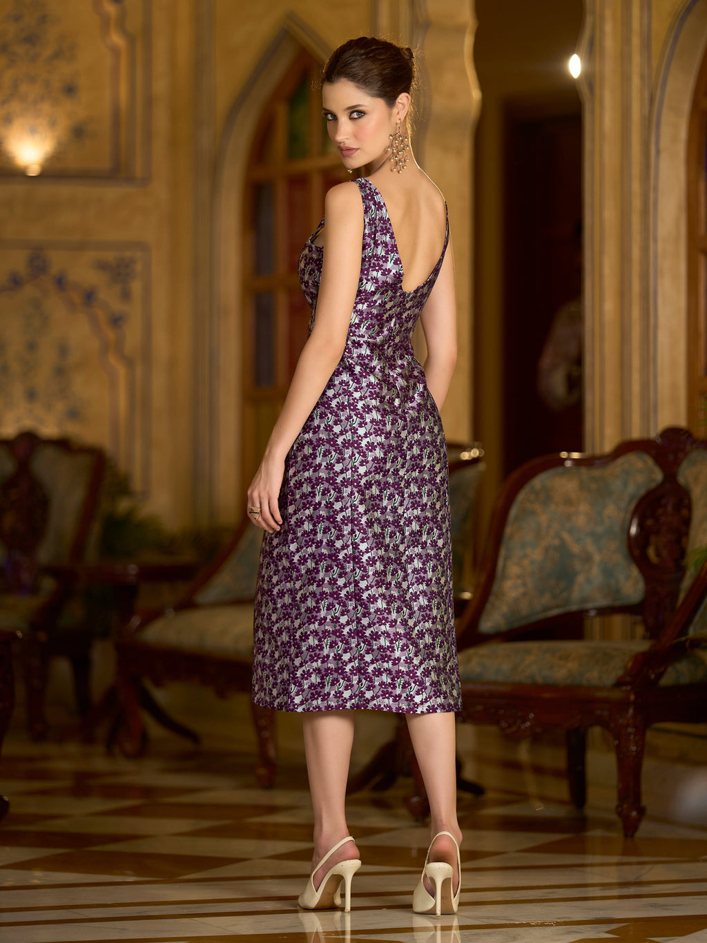 Wine Floral Zari Jacquard Bodycon Midi Dress with Side Slit