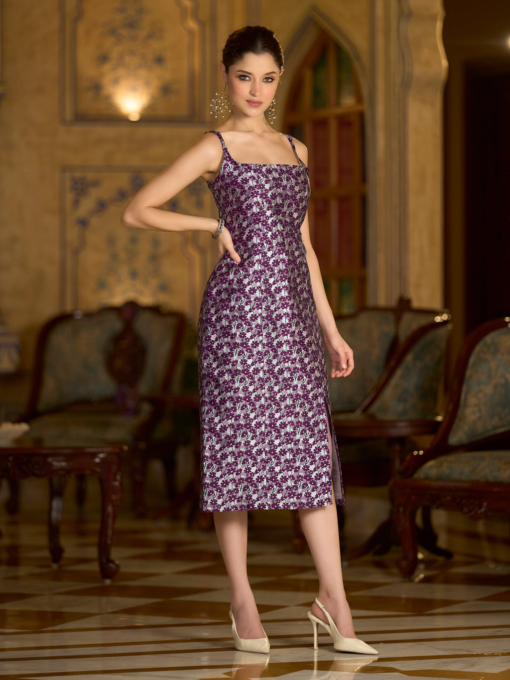 Wine Floral Zari Jacquard Bodycon Midi Dress with Side Slit