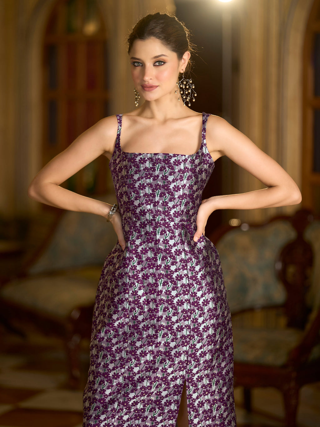 Wine Floral Zari Jacquard Bodycon Midi Dress with Side Slit