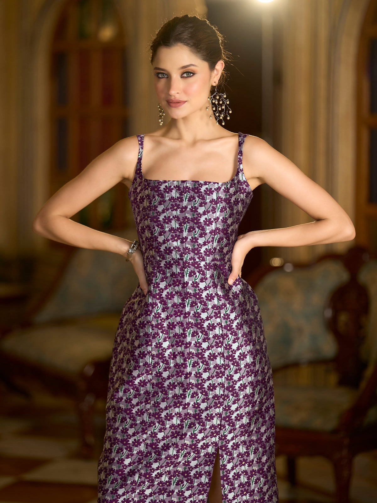 Wine Floral Zari Jacquard Bodycon Midi Dress with Side Slit