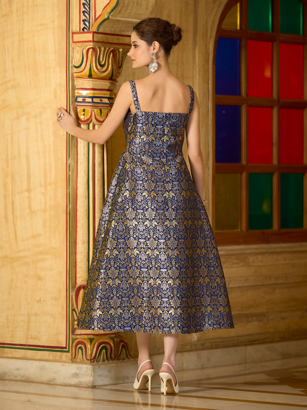 Navy Blue Jacquard Zari Woven A-Line Midi Dress