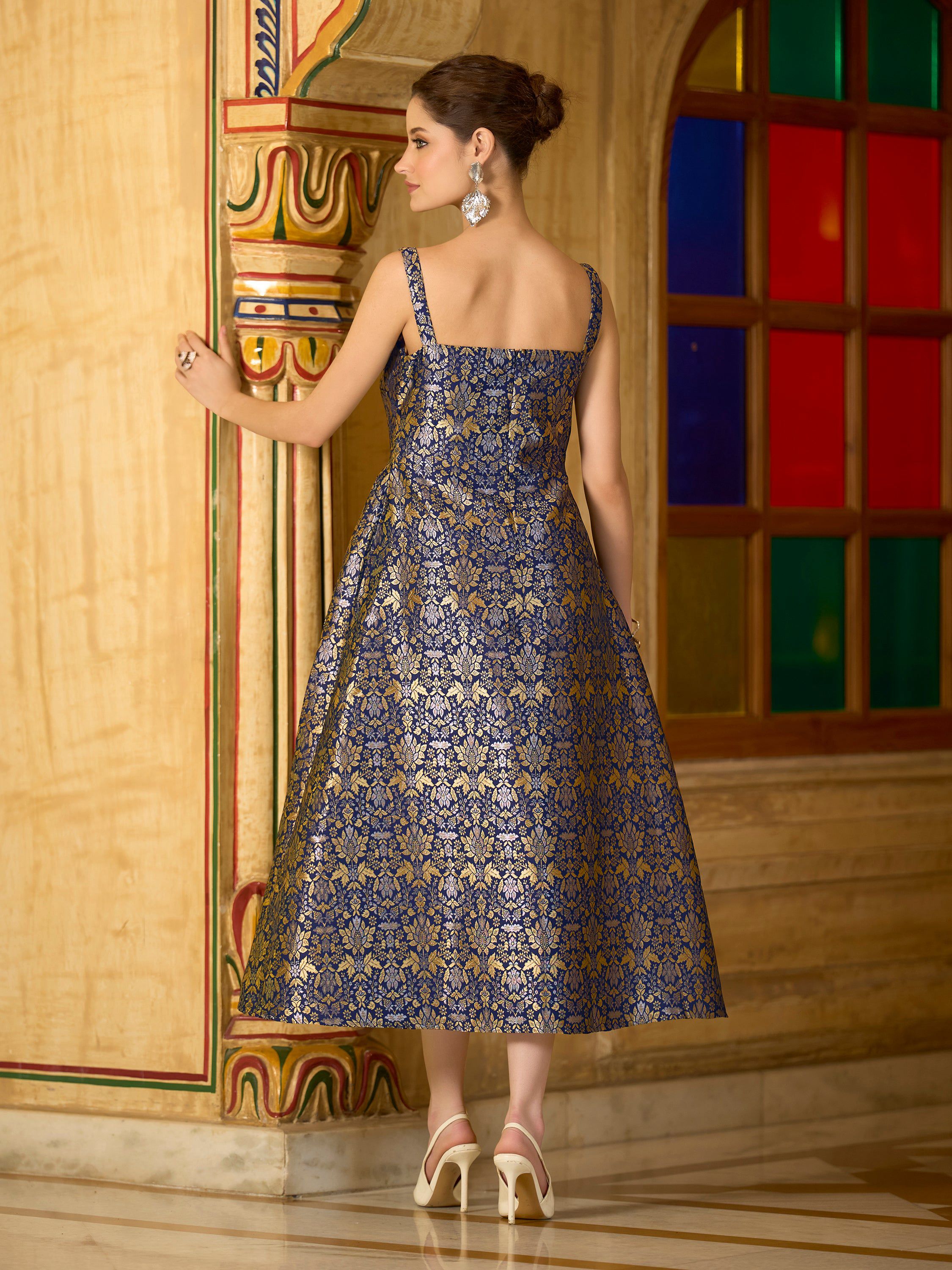 Navy Blue Jacquard Zari Woven A-Line Midi Dress
