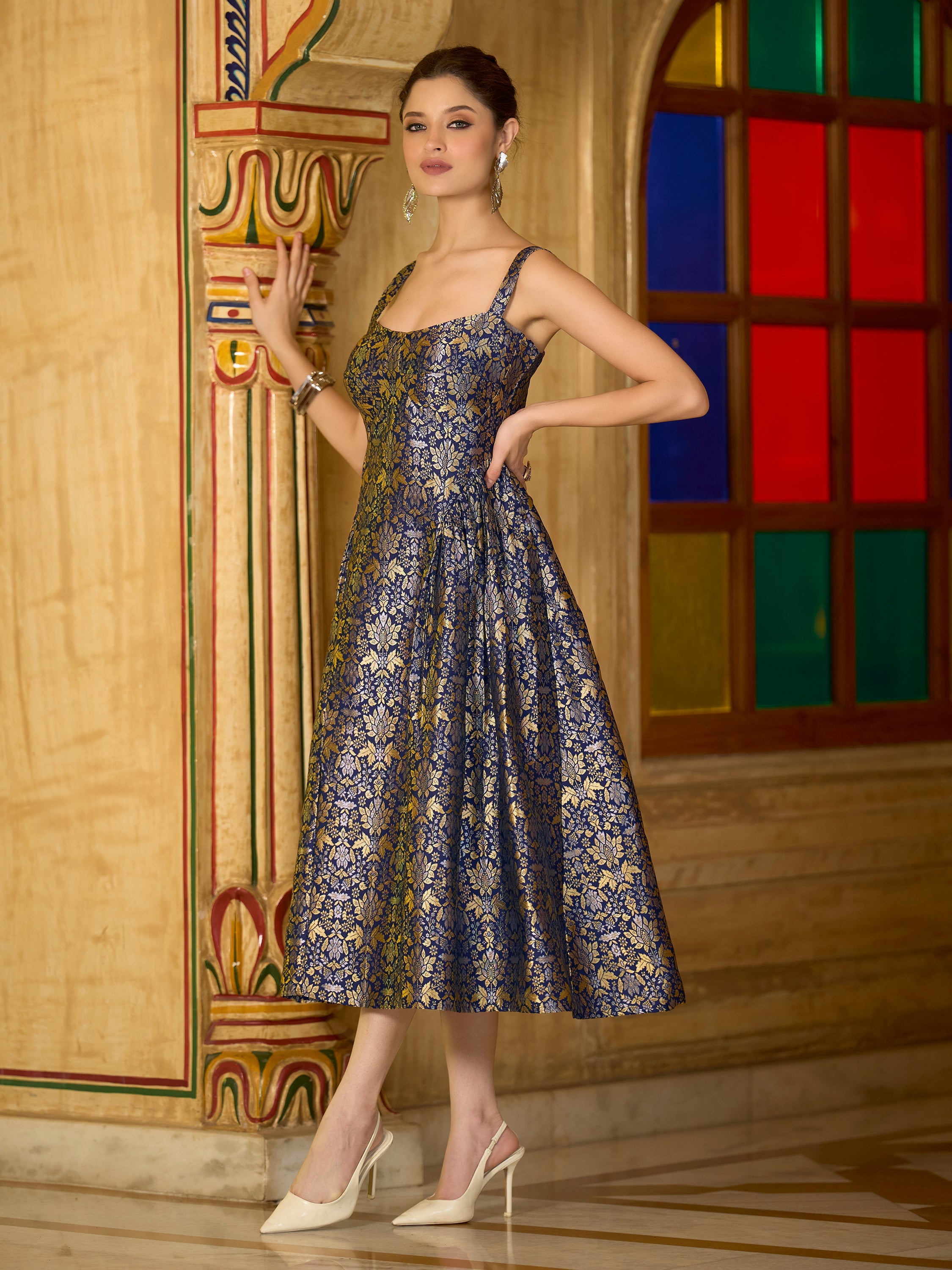 Navy Blue Jacquard Zari Woven A-Line Midi Dress