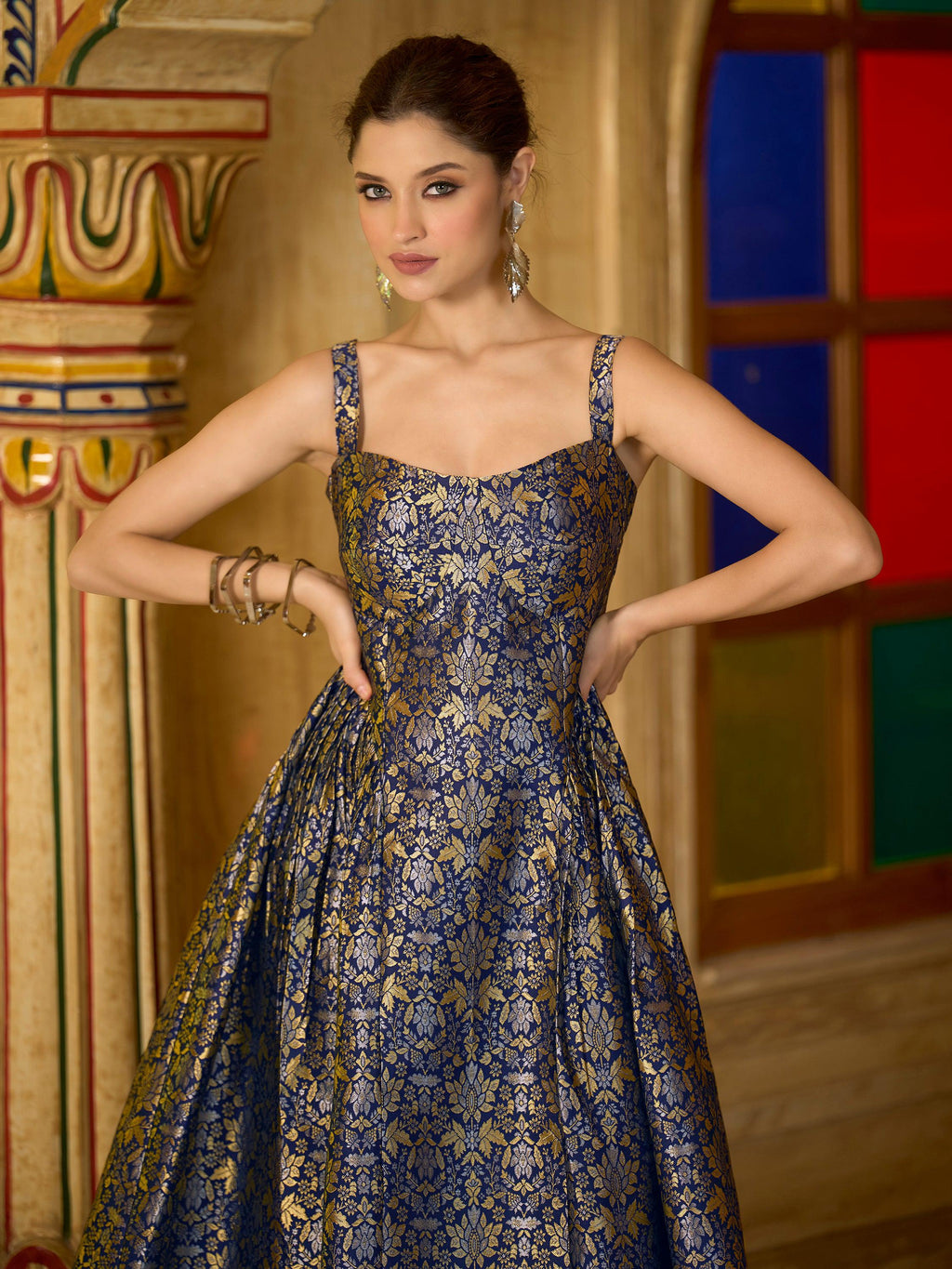 Navy Blue Jacquard Zari Woven A-Line Midi Dress