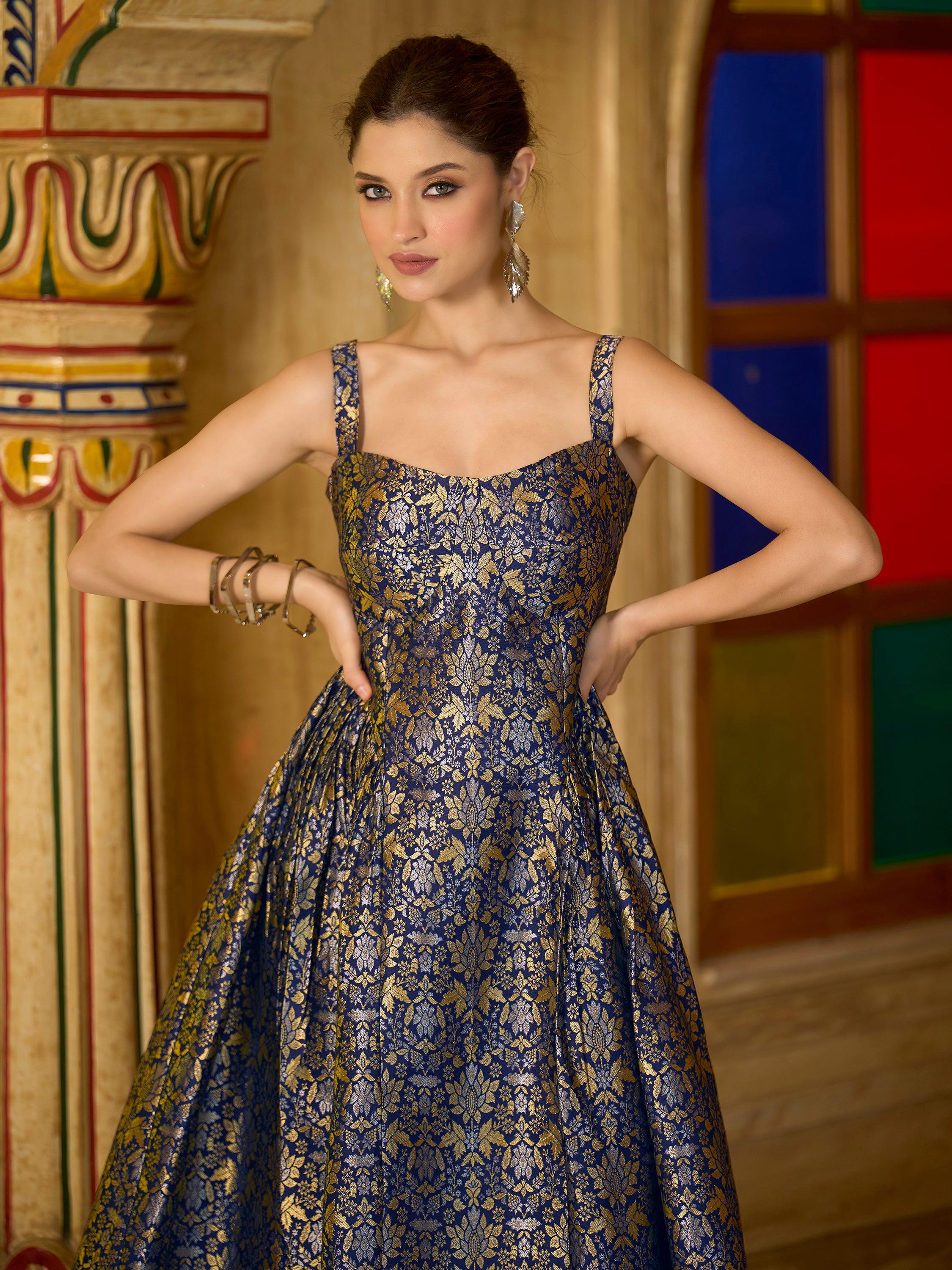 Navy Blue Jacquard Zari Woven A-Line Midi Dress