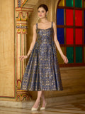 Navy blue A-line midi dress in jacquard brocade with shimmering zari woven details